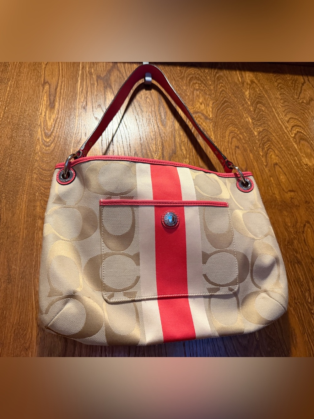 Coach Beige Canvas Shoulder Bag with Coral Stripe